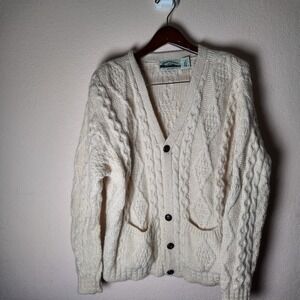 Men's Vintage Aran Crafts Knit Sweater Cardigan White Wool Size‎ L Large *READ*